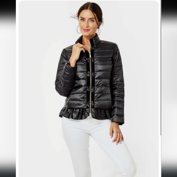 NWT Lilly Pulitzer Darcia Puffer Jacket Fitted Full Zipper Black Onyx Size 14 - Picture 1 of 14